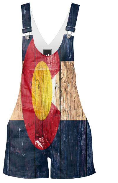 Rustic wood Colorado flag shorts overalls