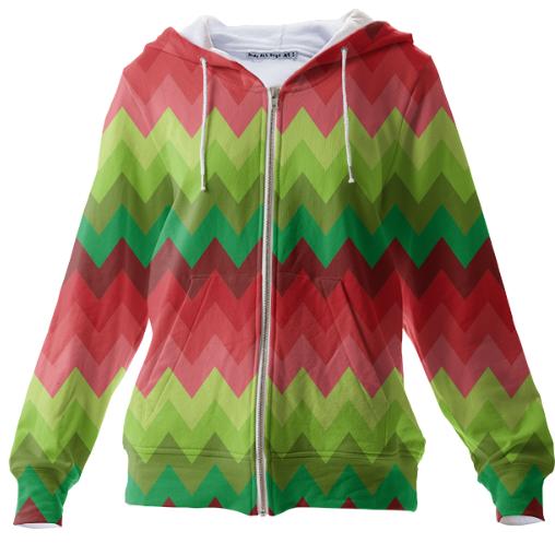 Red green Christmas chevron pattern zip hoodie