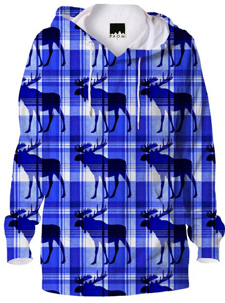 Rustic blue plaid moose hoodie