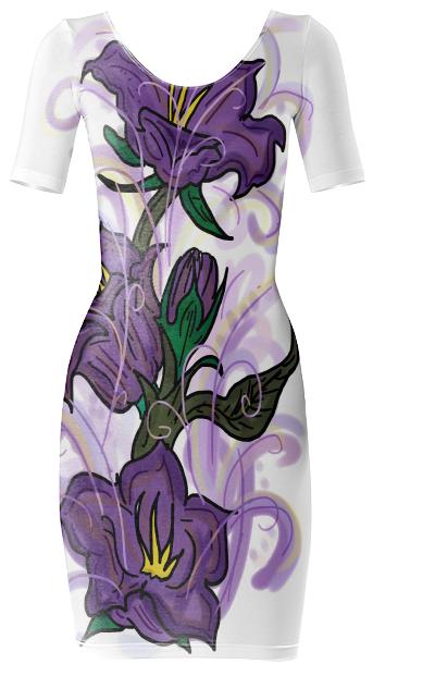 Purple flowers drawing bodycon dress
