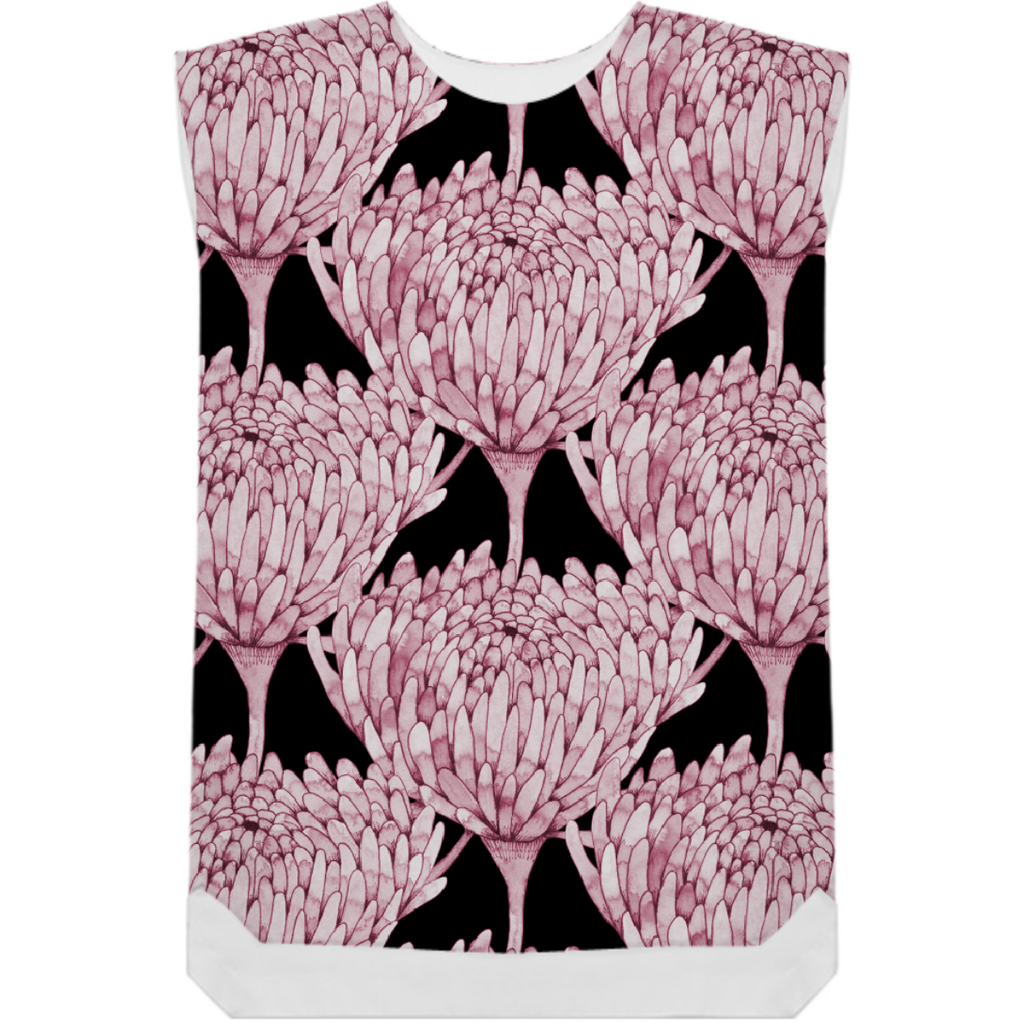Chrysanthemum Crowd Dusky Pink on black Shift Dress