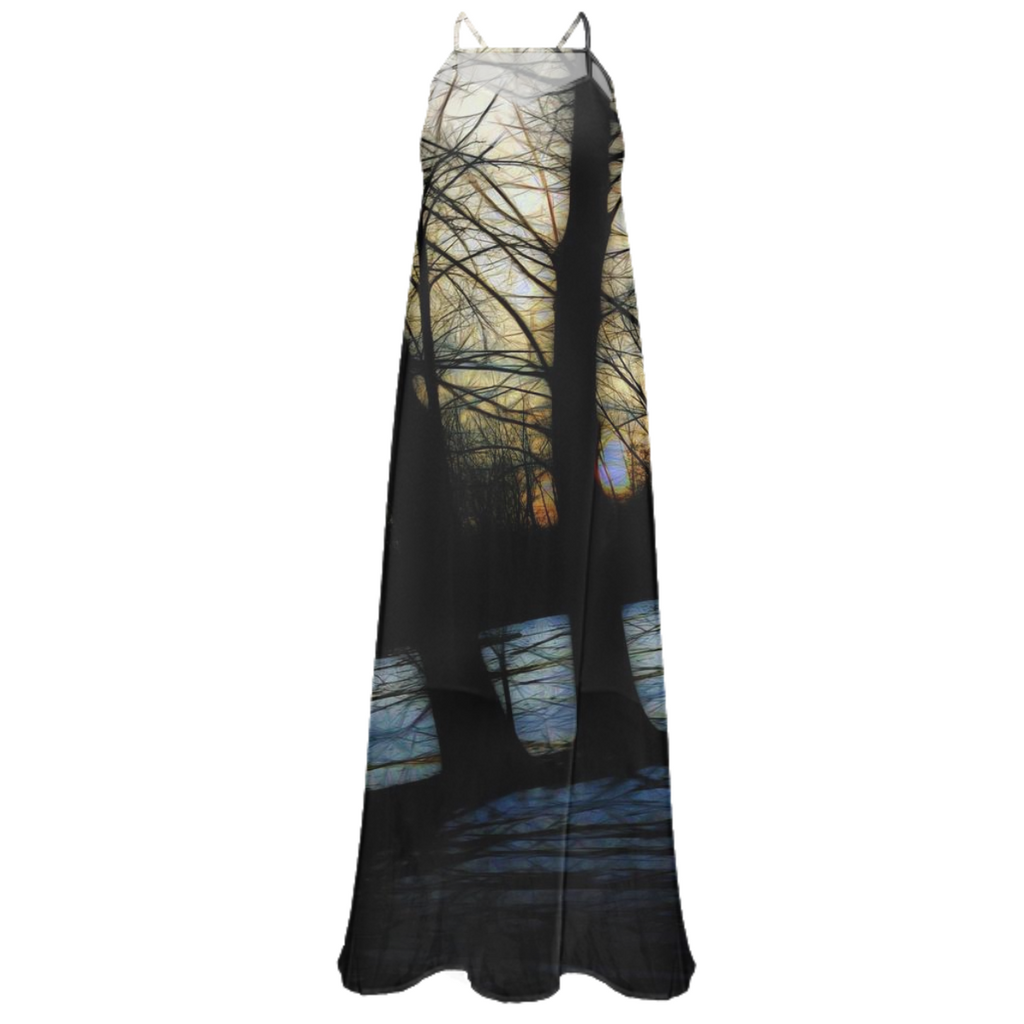 Winter Landscape Sunset Drive Chiffon Maxi Dress