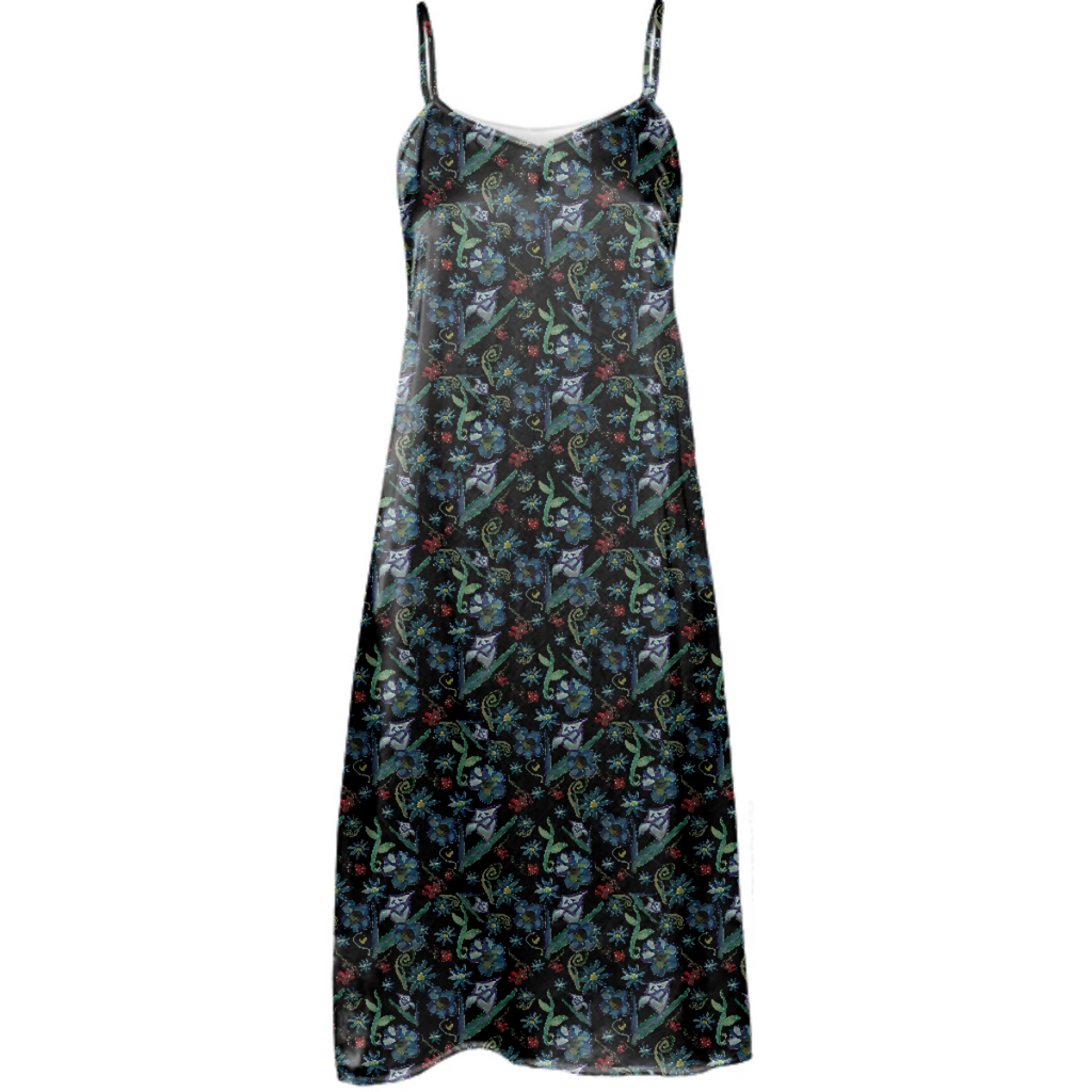Watercolor Flowers On Black Slip Dress