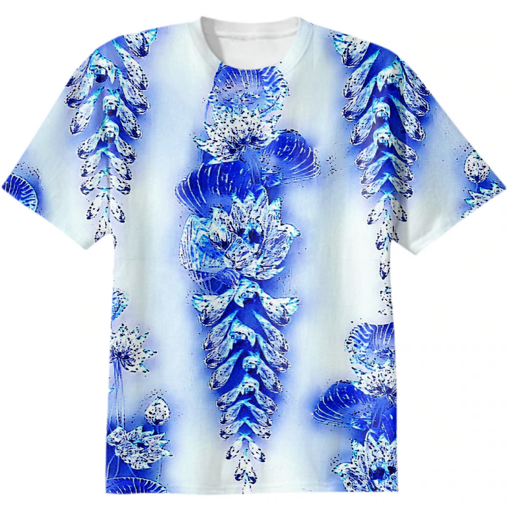 wisteria, lotus, leaves, flowers, blue, slim pattern, monochrome, surrealism