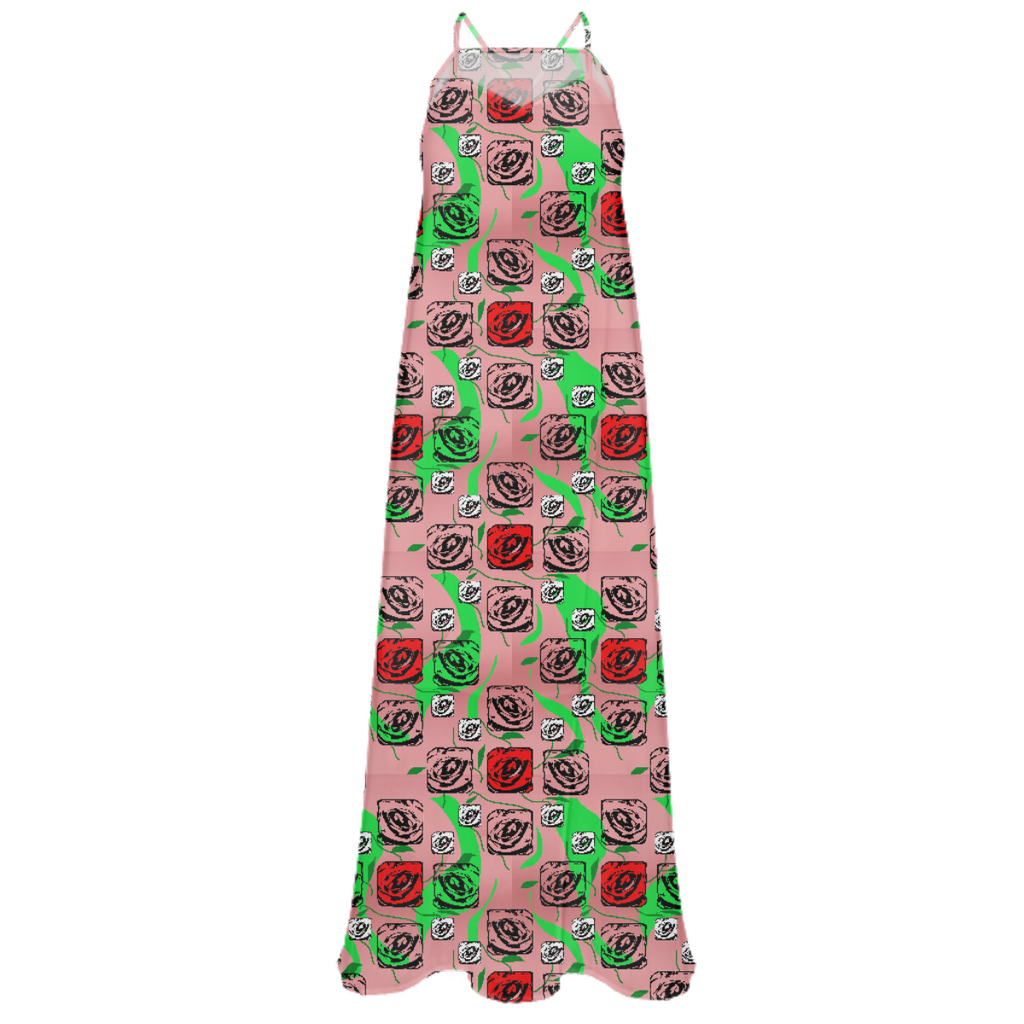 Red and White Roses Pattern On Pink Chiffon Dress