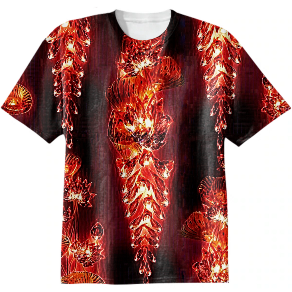 wisteria, lotus, leaves, fiery flowers, red, monochrome, surrealism