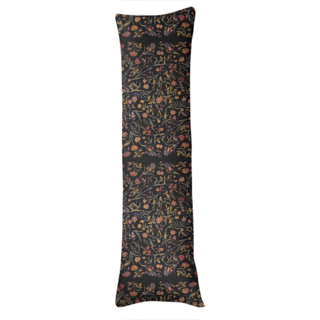 Medieval Flowers On Black Body Pillow