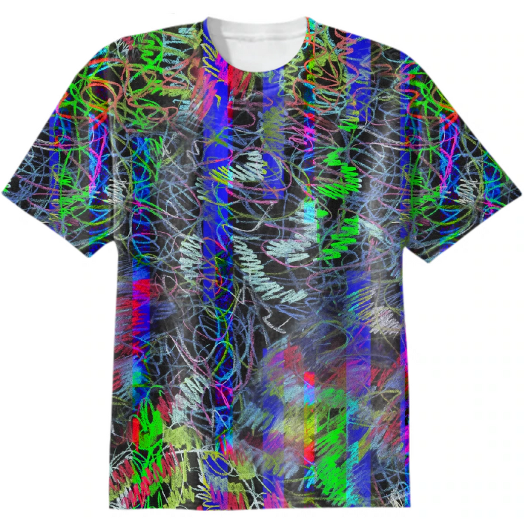 Neon acid daring glitch scribbles pattern with crayons on dark background