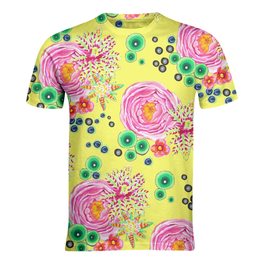 Tropical ink drawn roses and bubbles on yellow