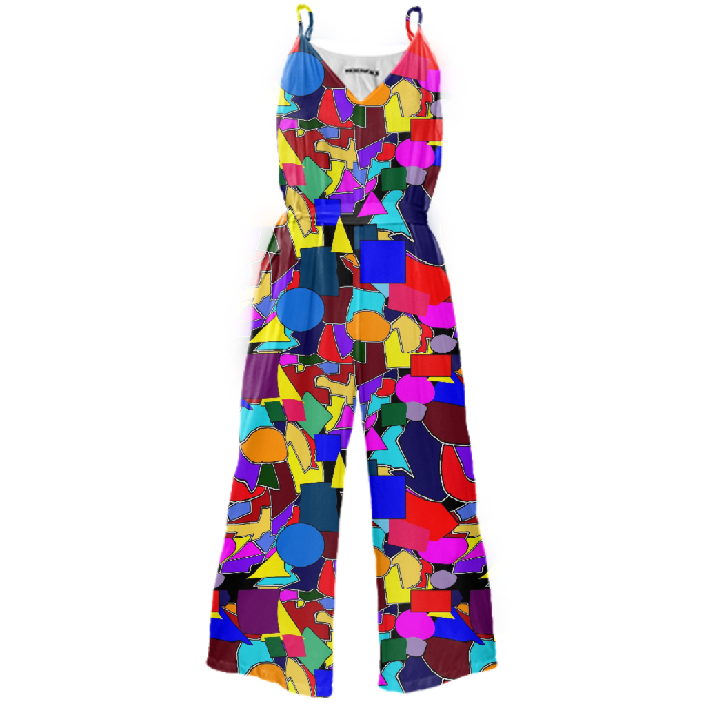 Colorful; Shapes Collage Tie Waist Jumpsuit