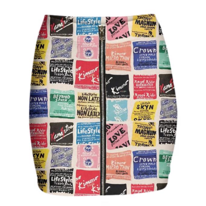 PAOM, Print All Over Me, digital print, design, fashion, style, collaboration, wackywacko, Gabriel Held Neoprene Mini Zip Skirt, Gabriel-Held-Neoprene-Mini-Zip-Skirt, GabrielHeldNeopreneMiniZipSkirt, Condoms, Front, spring summer, unisex, Neoprene, Bottoms