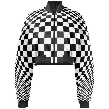 Optical Illusion Checkers Held Cropped Bomber Jacket