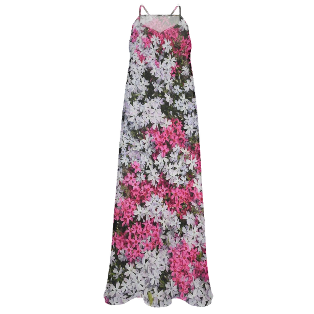 Pink and White Phlox Chiffon Maxi Dress