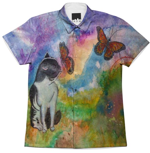 Cat and Monarchs Short Sleeve Shirt