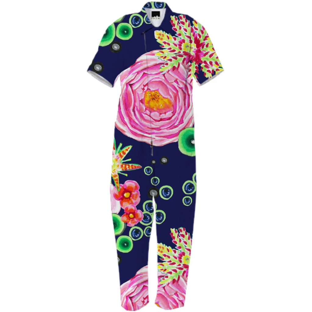 Tropical and pink rose floral with neon green bubbles on navy