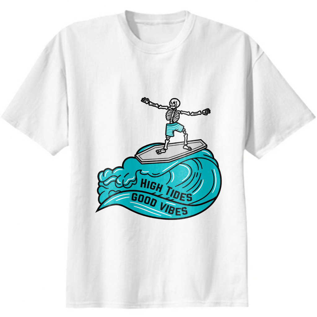 Surfing Skeleton, High Tides and Good Vibes T-Shirt