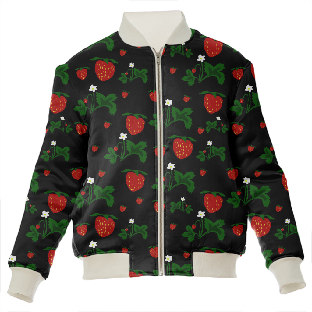 Wild Strawberries Pattern Silk Bomber Jacket