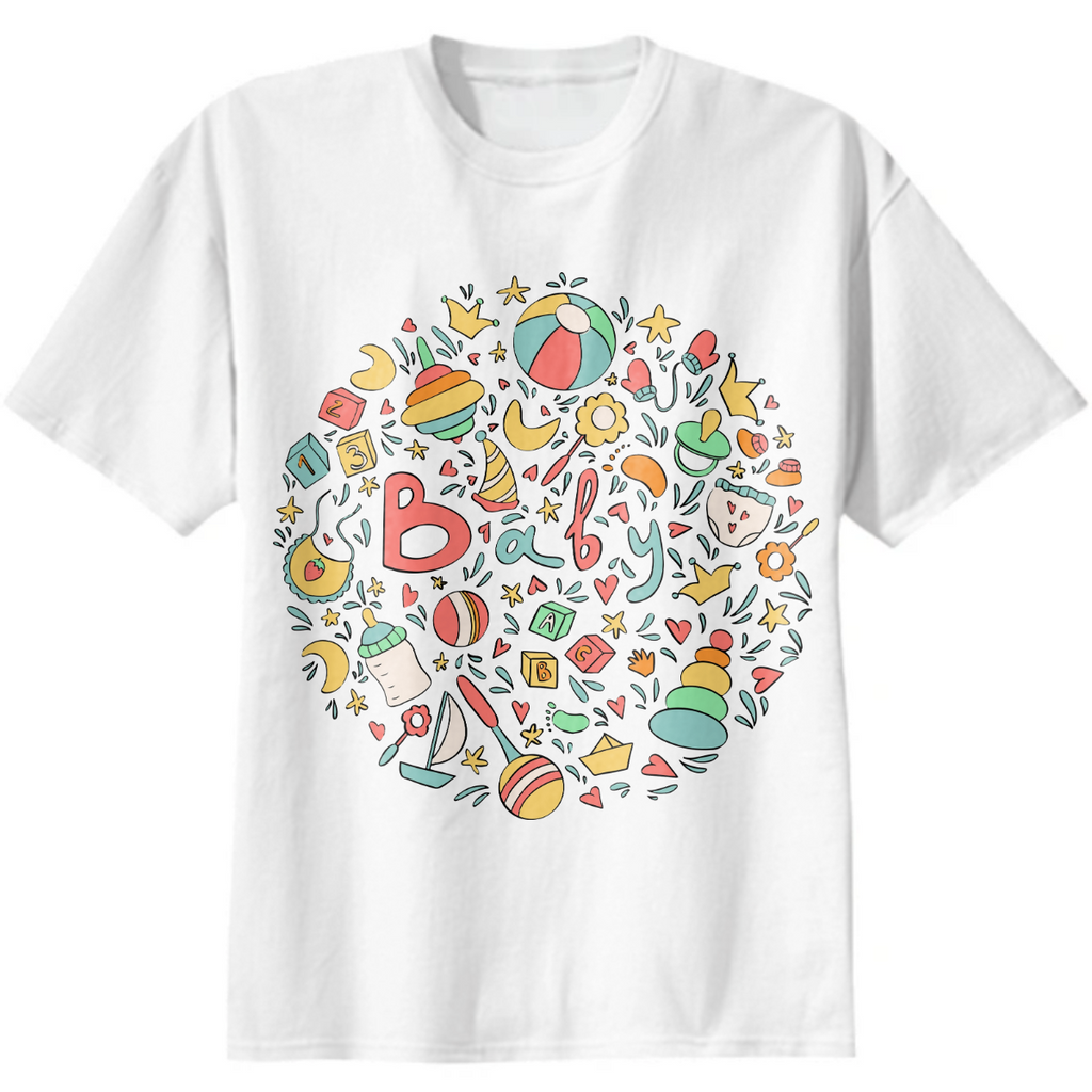 Baby themed round illustration. Lettering and child items, ball, whirligig, pacifier, bottle, rattle in cartoon outline style. Childhood, parenting, cute newborn accessories hand drawn set.