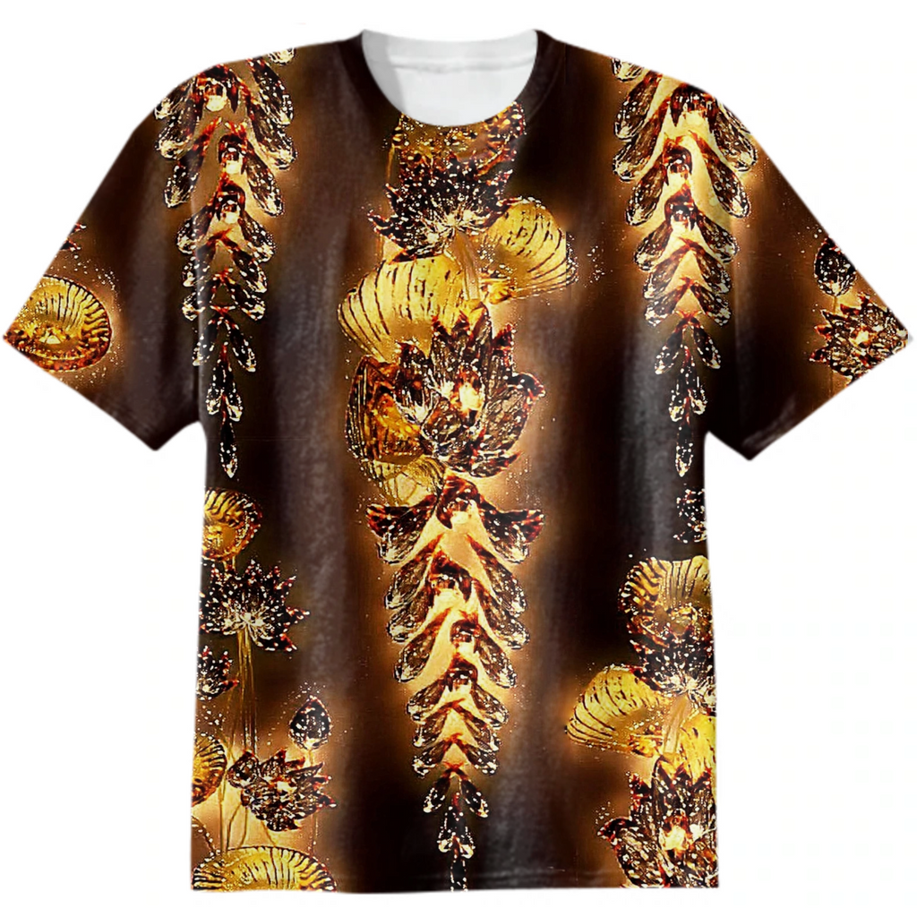 wisteria, lotus, leaves, fiery flowers, gold monochrome, surrealism