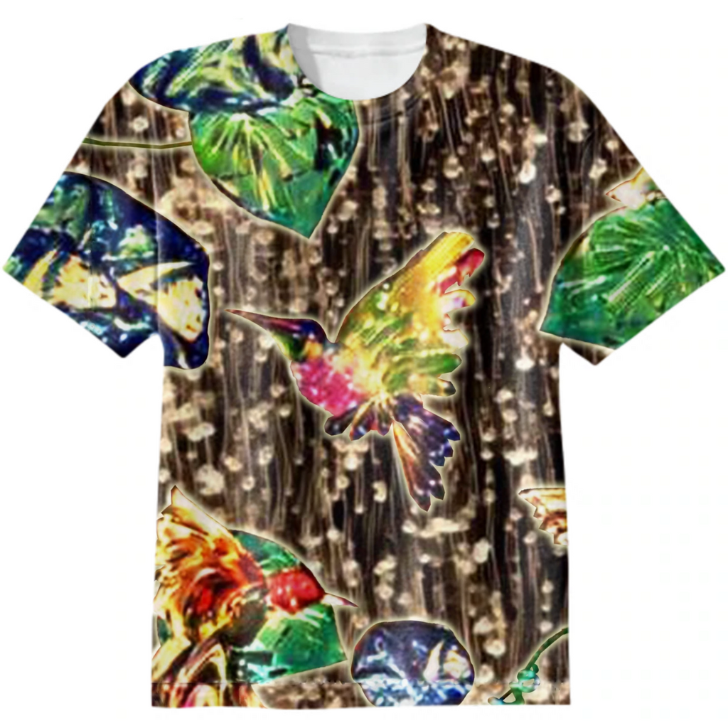 hummingbirds, golden rain, birds, flowers, leaves, multicolor