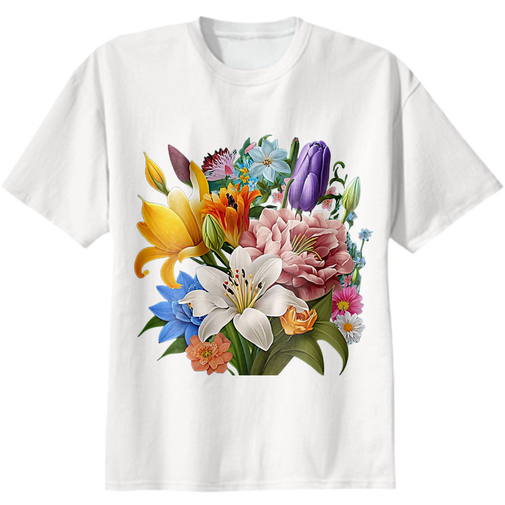 beautiful tshirt with colorful garden flowers like roses, lilies, tulips, and daisies
