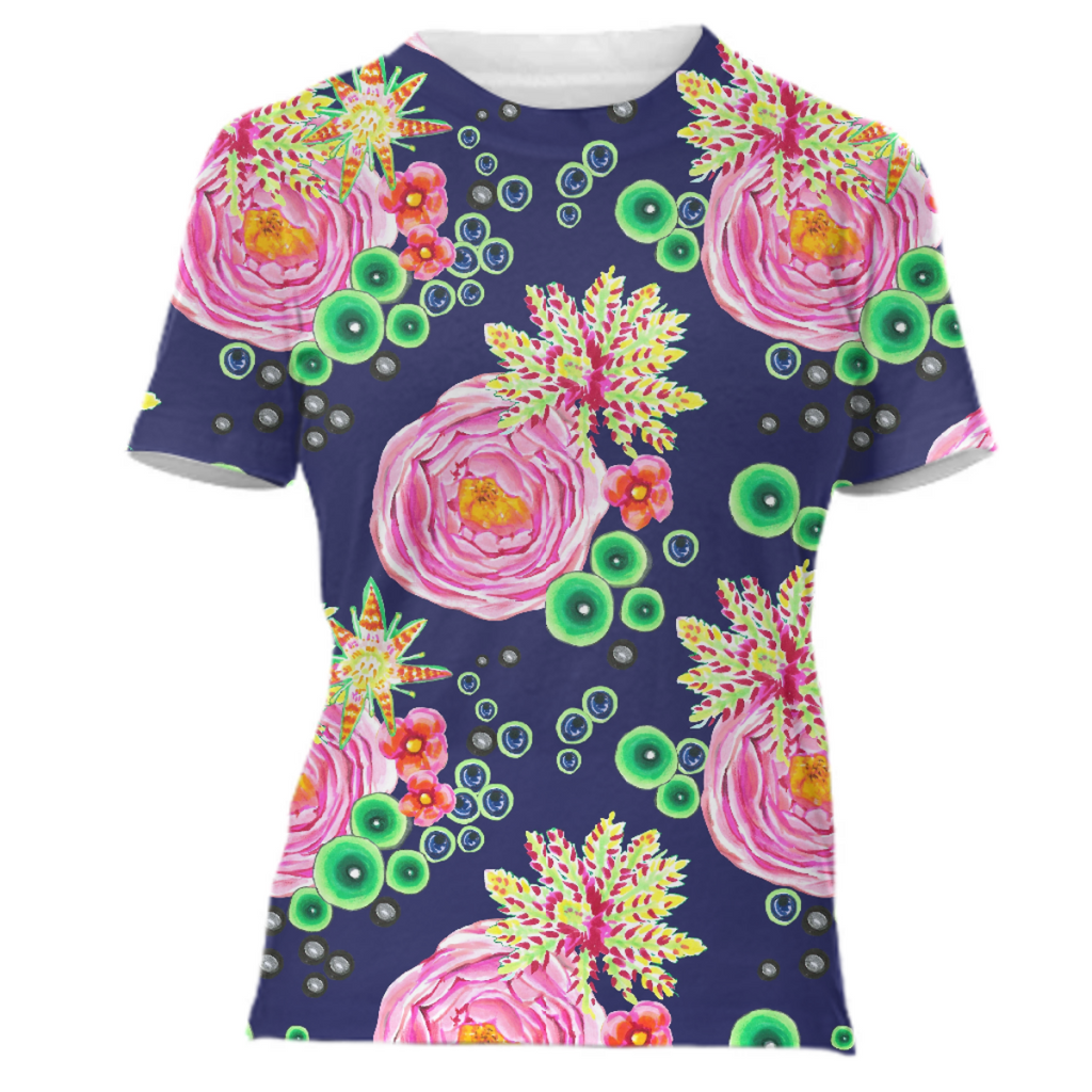 Hand drawn pink rose floral with neon green bubbles on navy