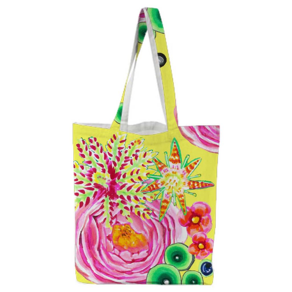 hand drawn ink pink rose floral on yellow