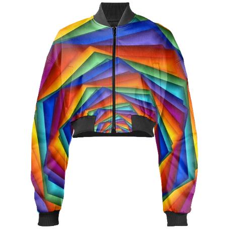 Psychedelic Rainbow Spiral Held Cropped Bomber Jacket