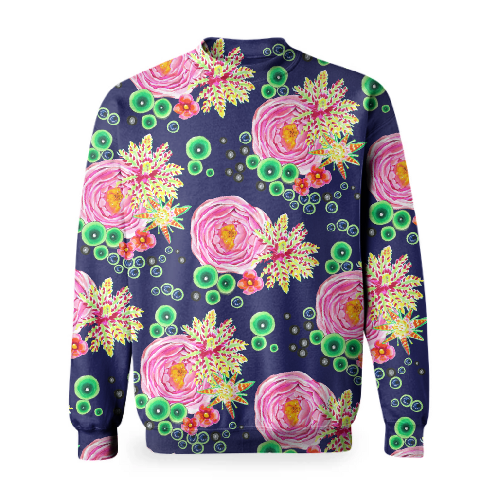Tropical and pink rose floral with bubbles on navy