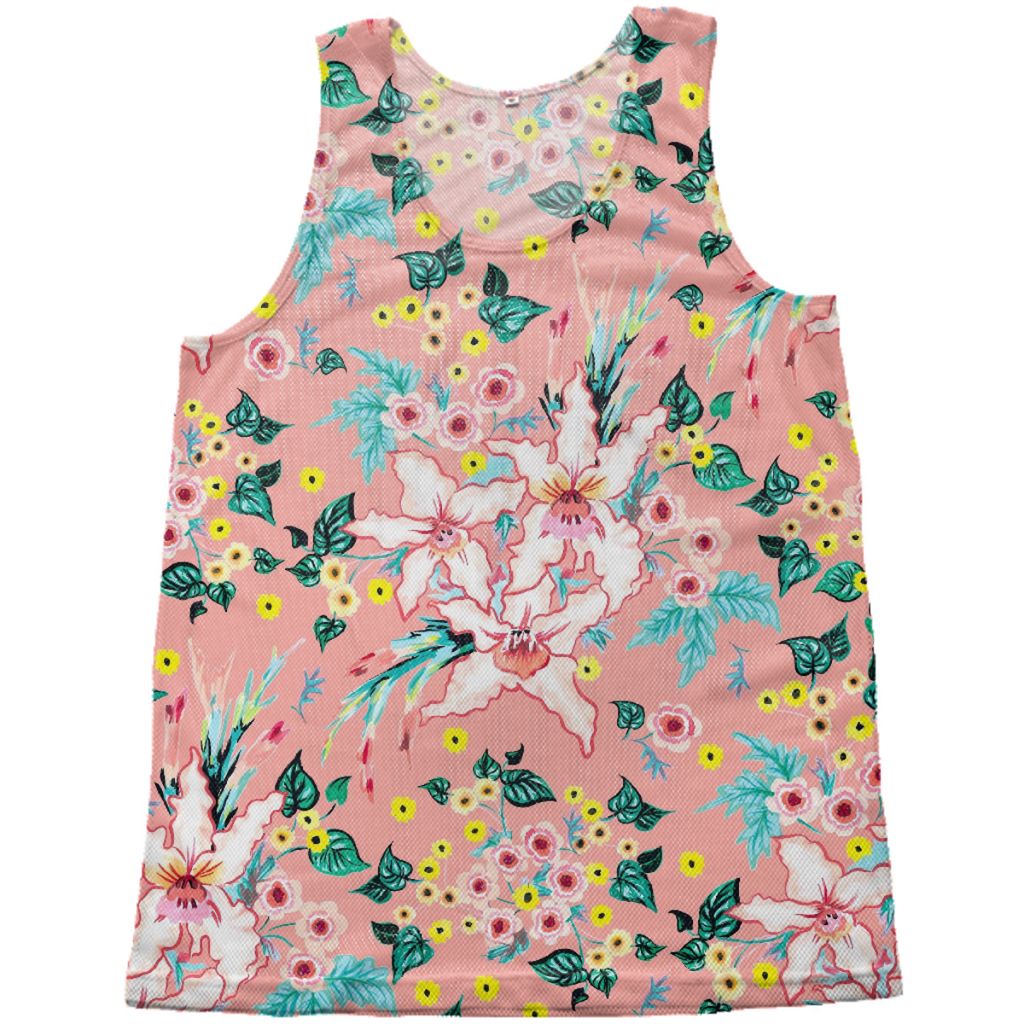 Tropical floral lilies on coral pink