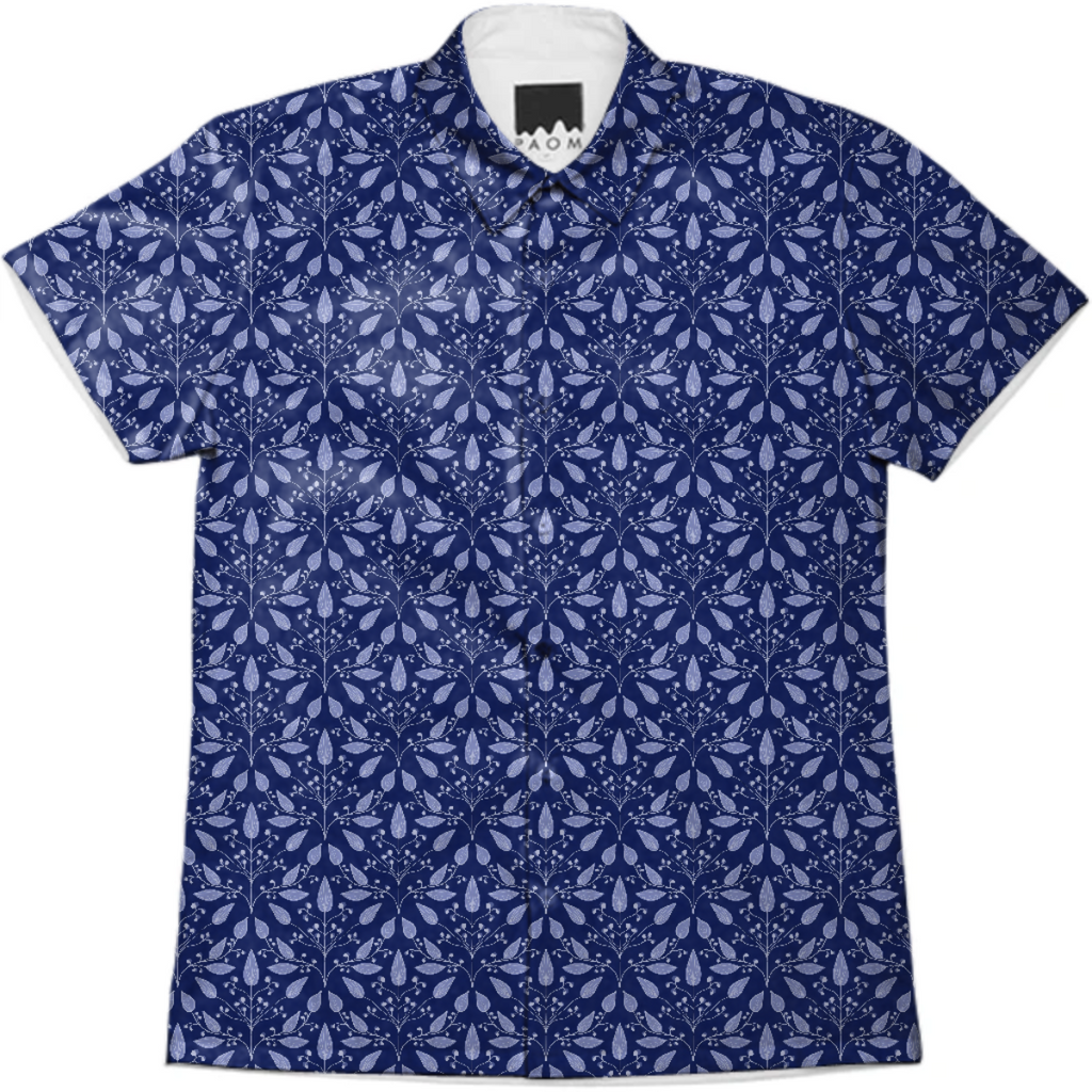 Classic diamond repeat of leaves and berries in shades of blue.