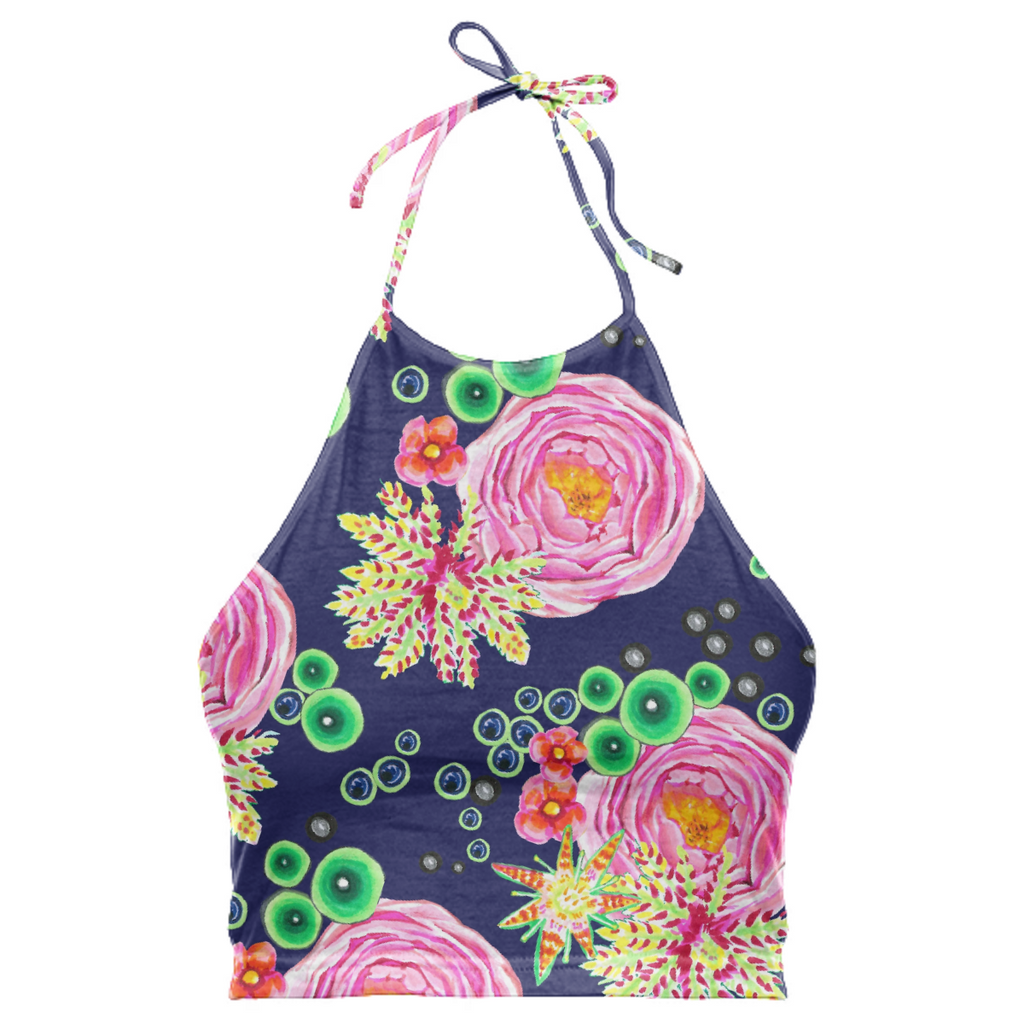 Hand drawn pink rose floral with neon green bubbles on navy