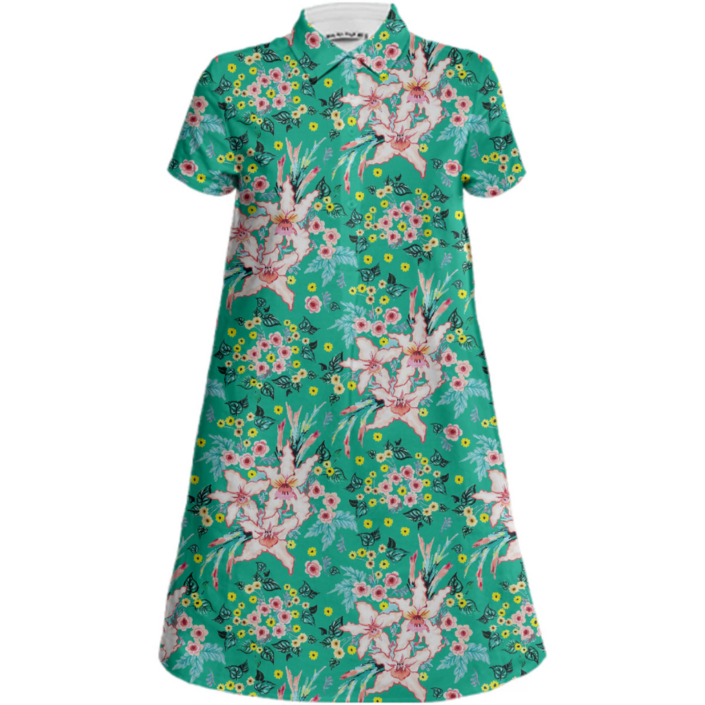 Tropical lily and yellow flowers on teal repeat pattern
