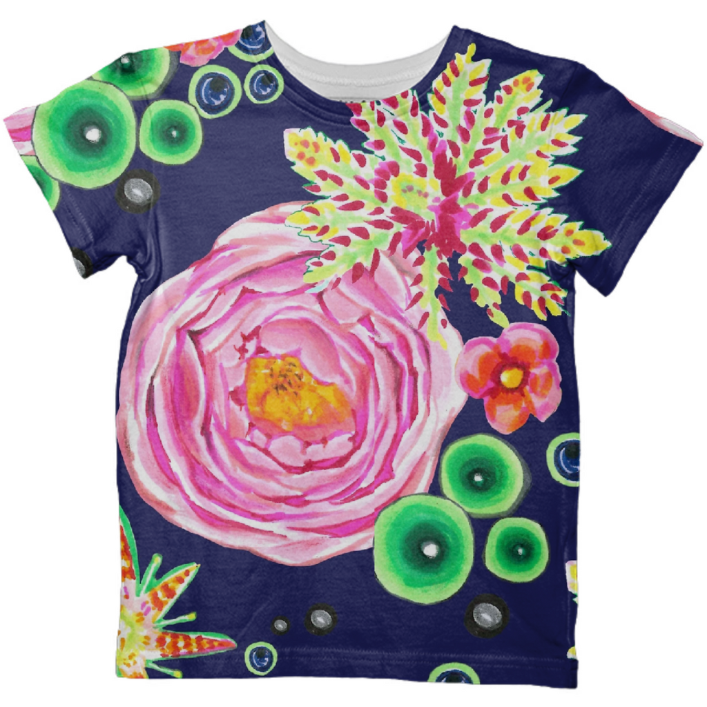 Tropical and pink rose floral with neon green bubbles on navy