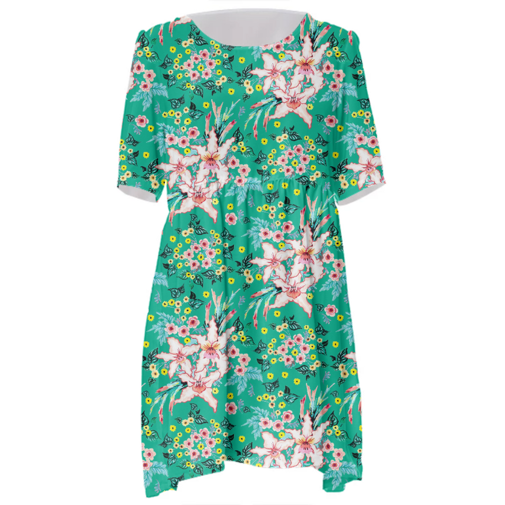 Tropical lily and yellow flowers on teal repeat pattern