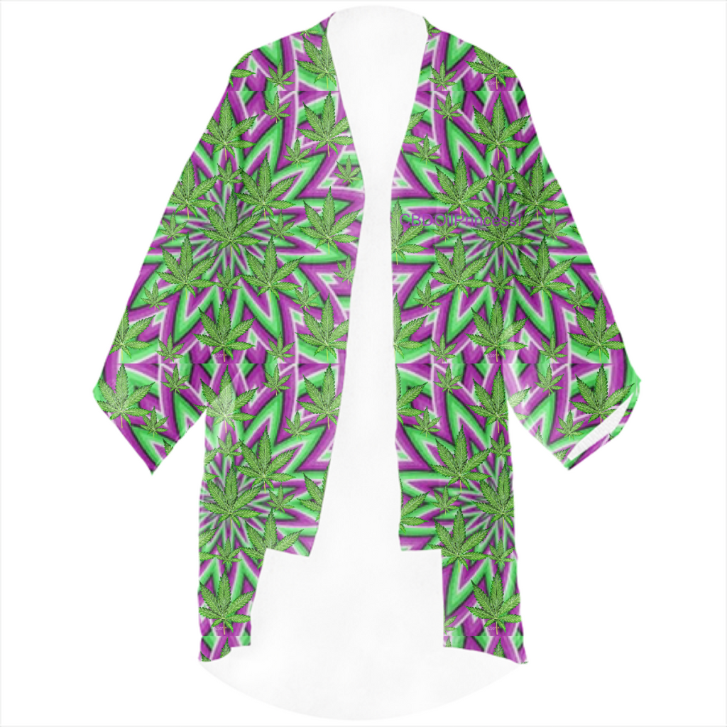 Purple & Green Pattern!  Marijuana Leaves!  Linen Kimono!  CBDOilPrincess!
