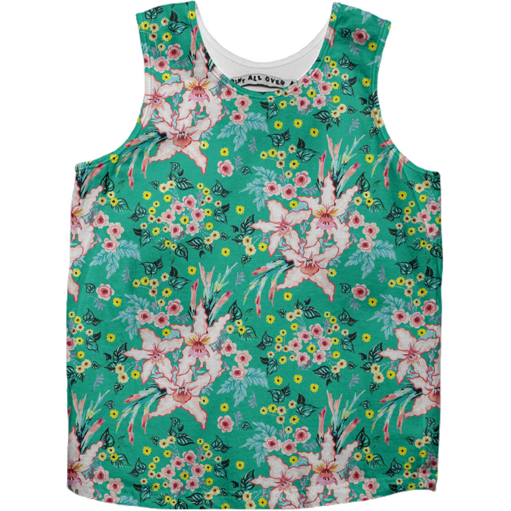 Tropical lily and yellow flowers on teal repeat pattern