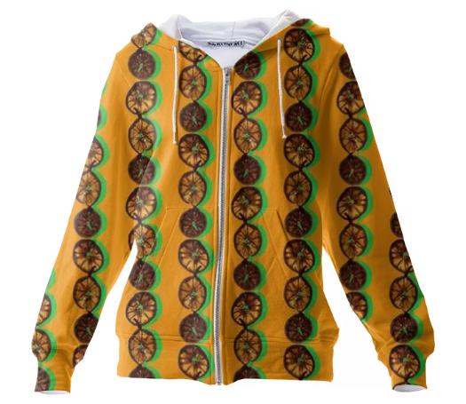 Orange Slices against an Orange Zip Hoodie