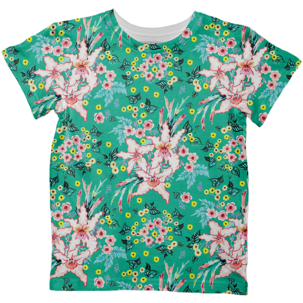 Tropical lily and yellow flowers on teal repeat pattern