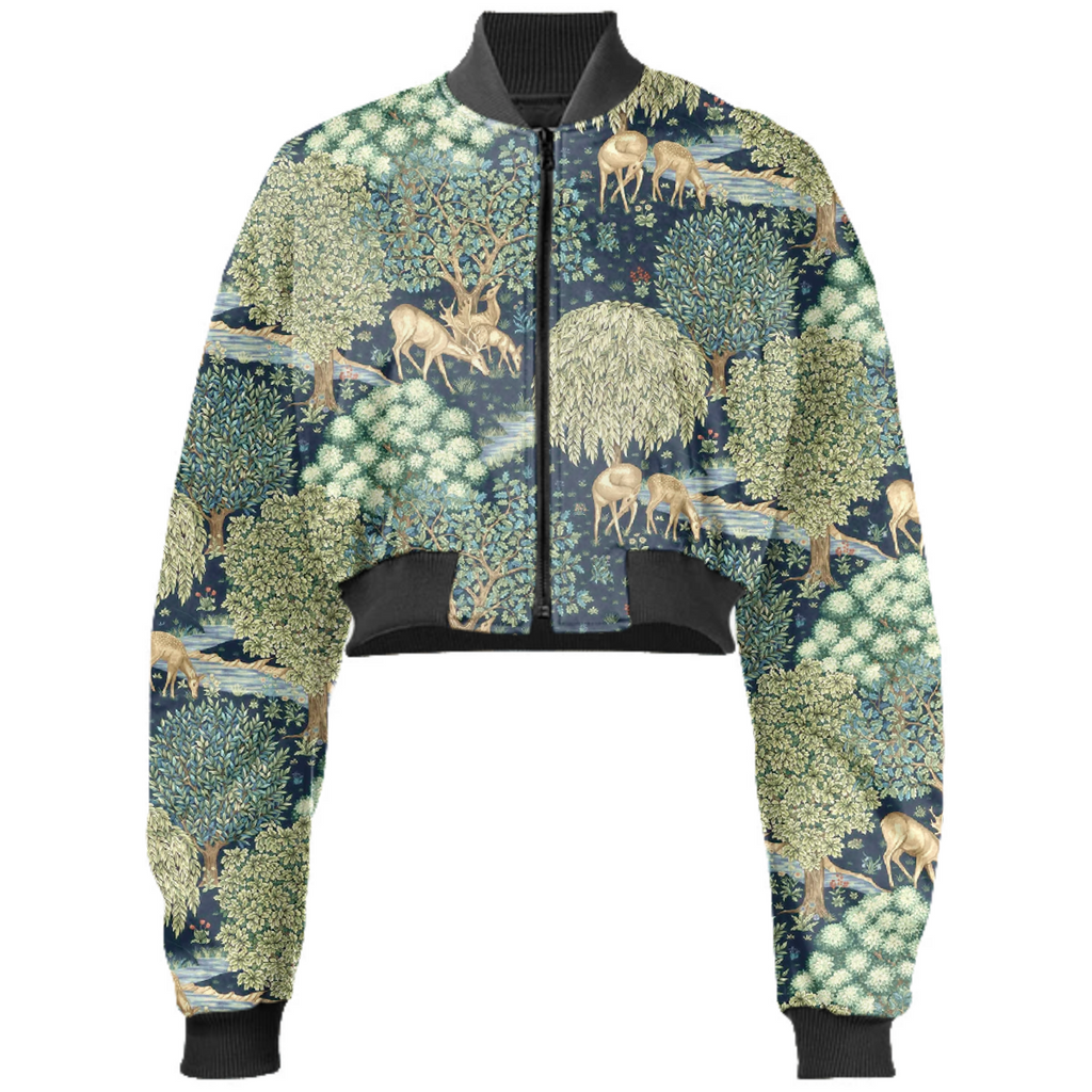 forest deer nature William Morris vintage wallpaper Gabriel Held cropped bomber jacket