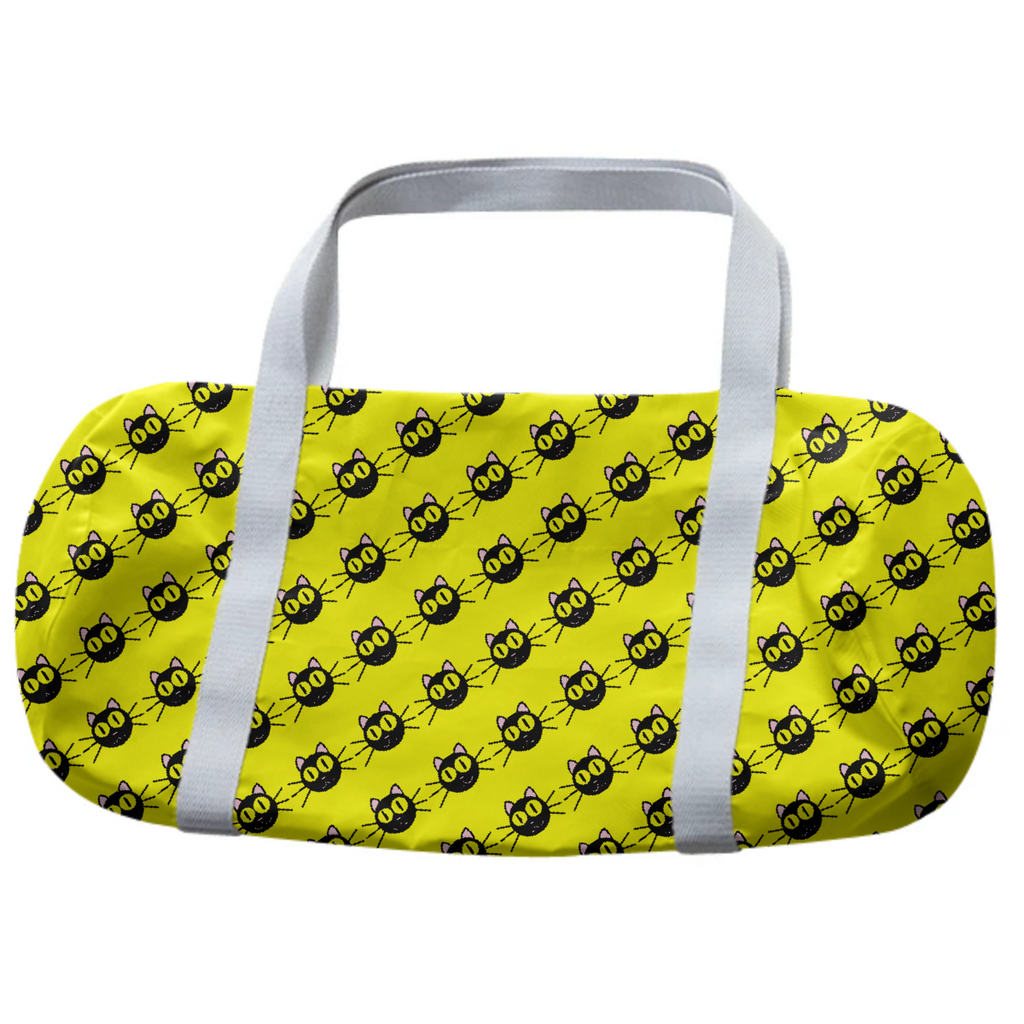 Yellow duffel bag with black cats pattern