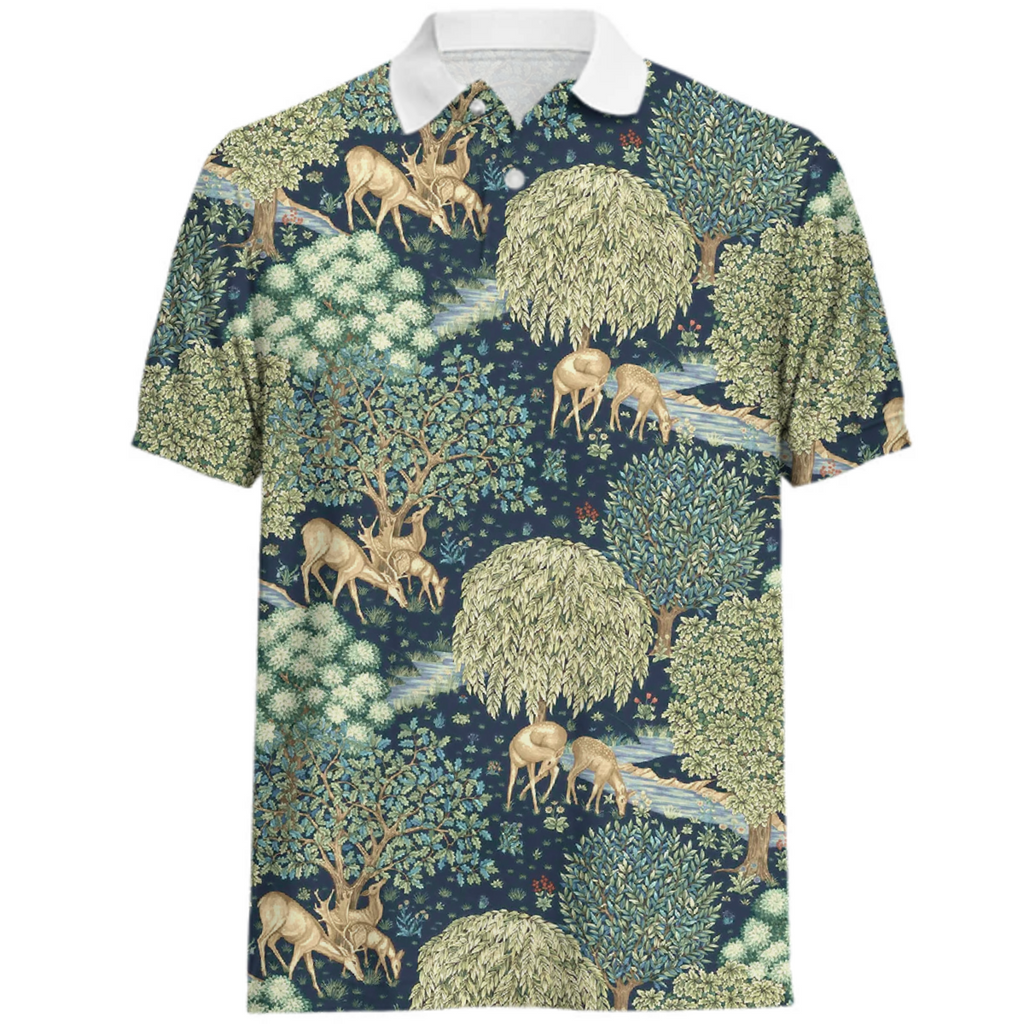 forest deer William Morris nature pattern polo shirt