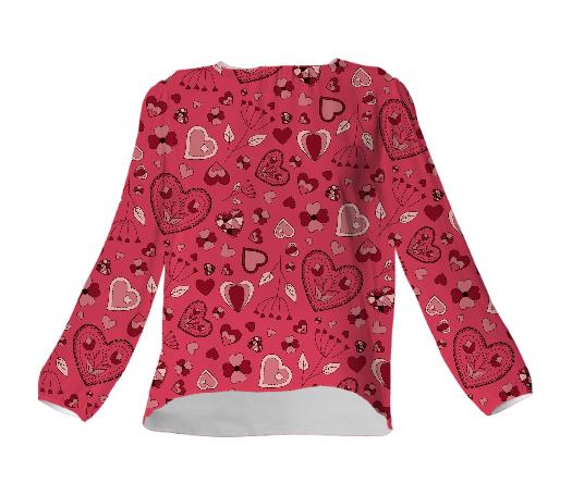 Pink flowers and hearts silk top