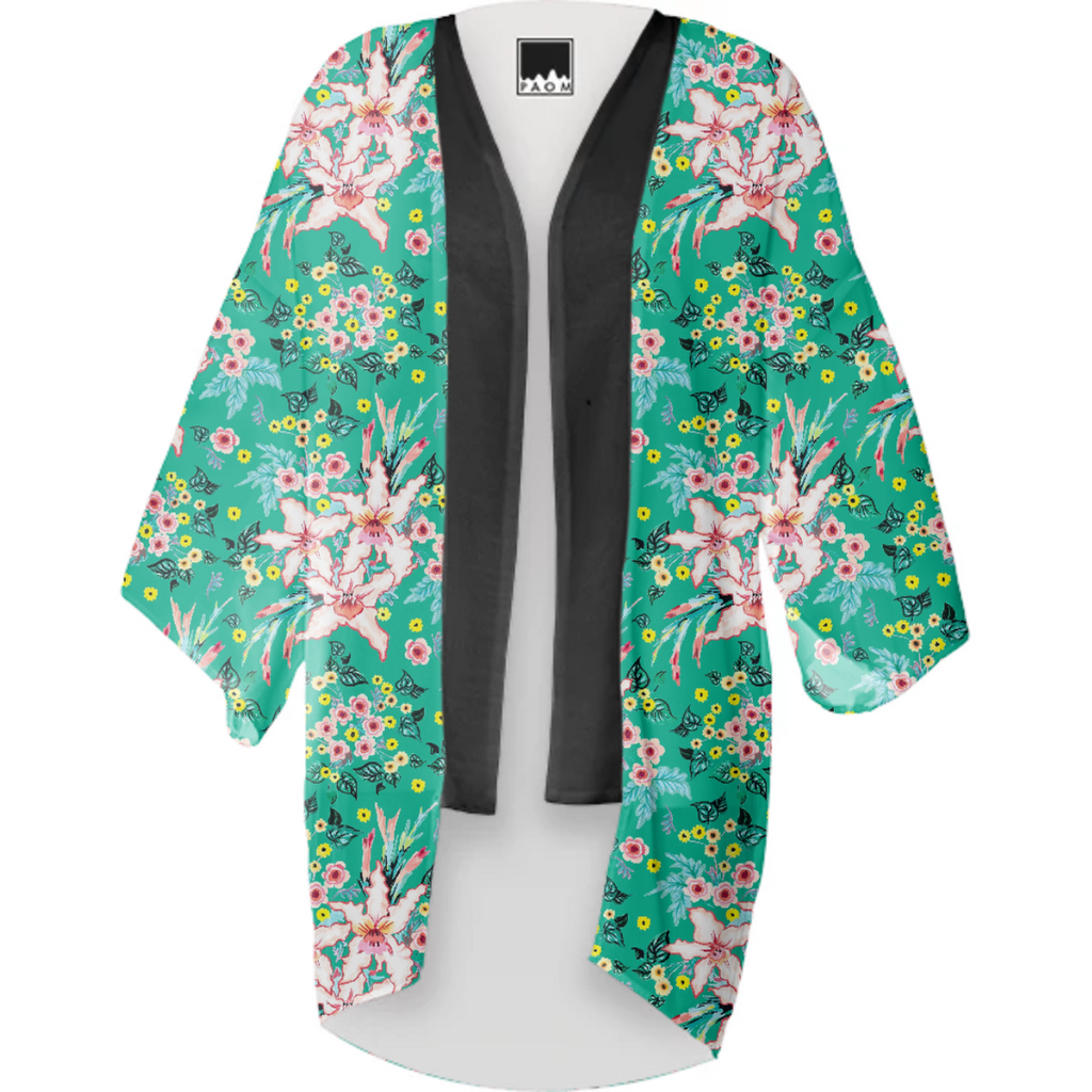 Tropical lily and yellow flowers on teal repeat pattern