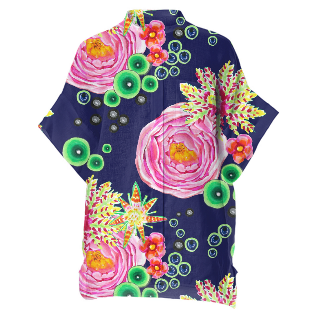 Hand drawn pink rose floral with neon green bubbles on navy
