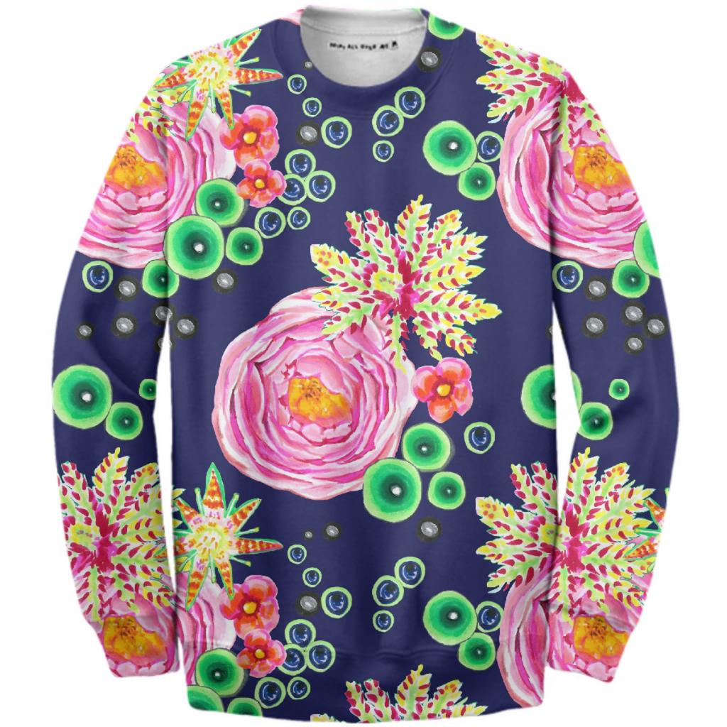 Hand drawn pink rose floral with neon green bubbles on navy