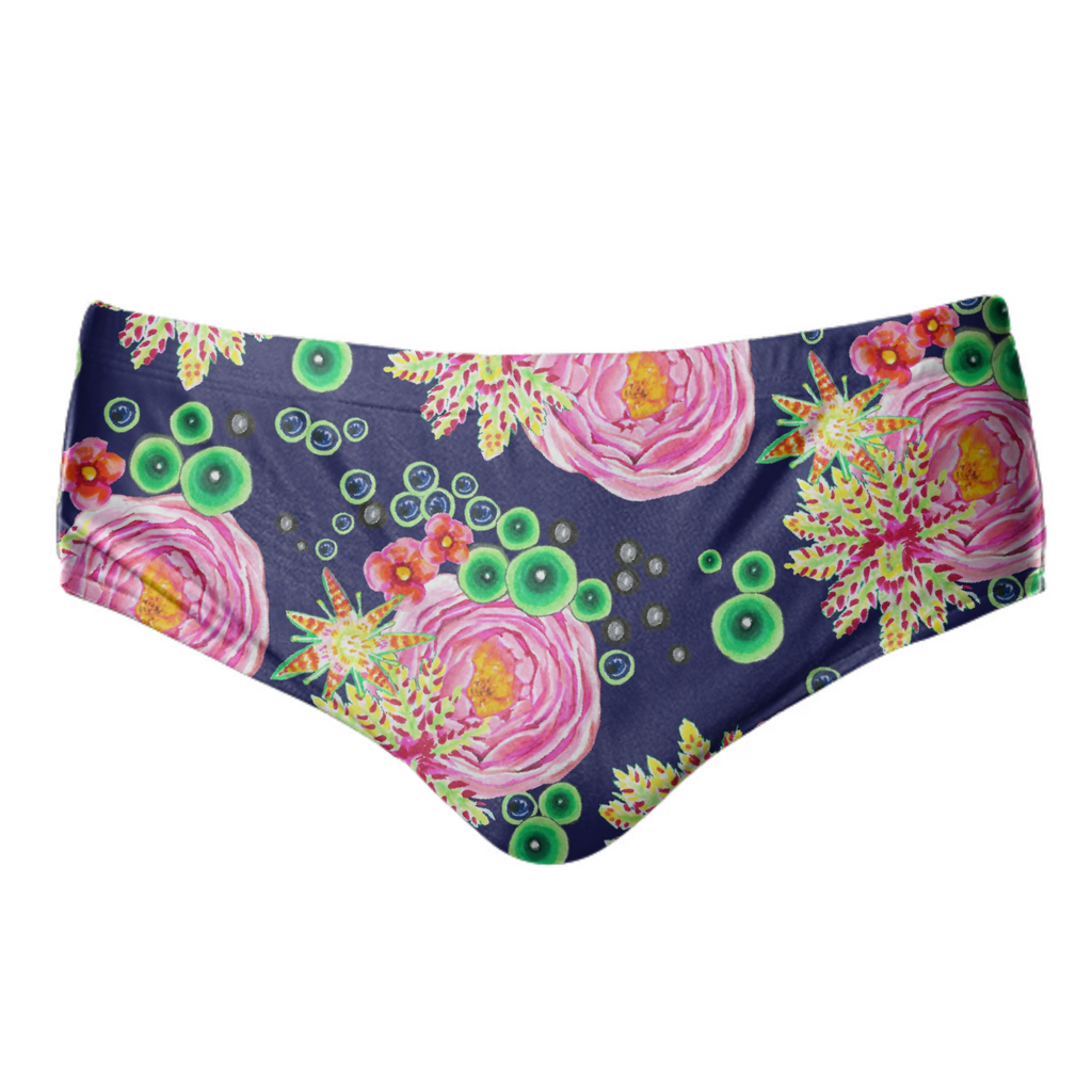 Hand drawn pink rose floral with neon green bubbles on navy