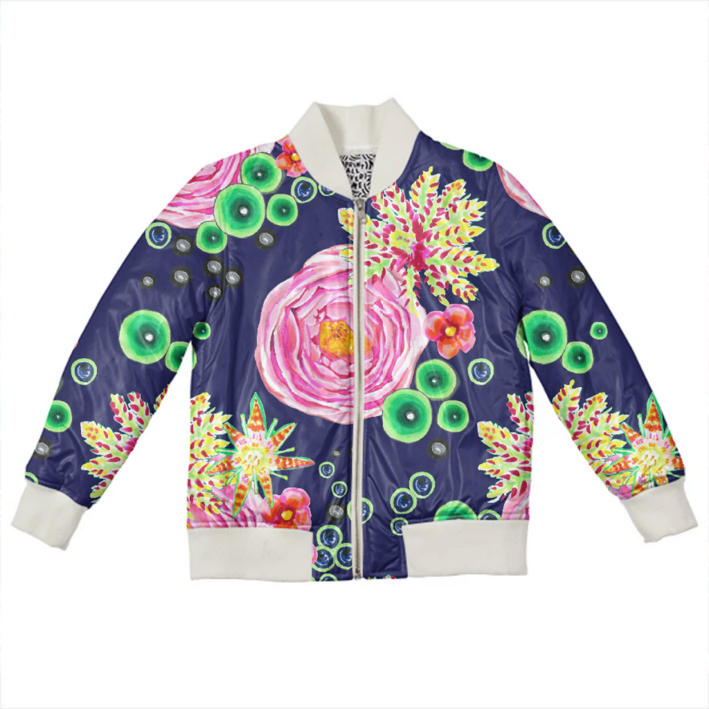 Tropical and pink rose floral with neon green bubbles on navy