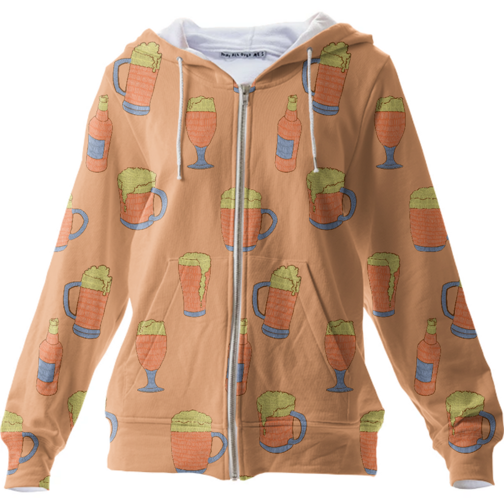 "BEER TIME" pattern zip-up hoodie