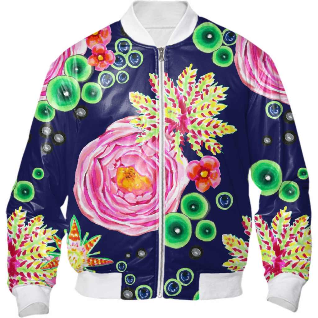 Tropical and pink rose floral with neon green bubbles on navy